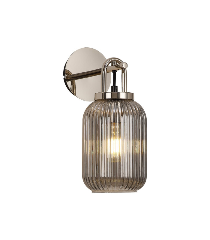 Yorktown Mini Wall Light Switched 1 x E27 Polished Nickel 14cm Tubular Ribbed Glass Smoked-1