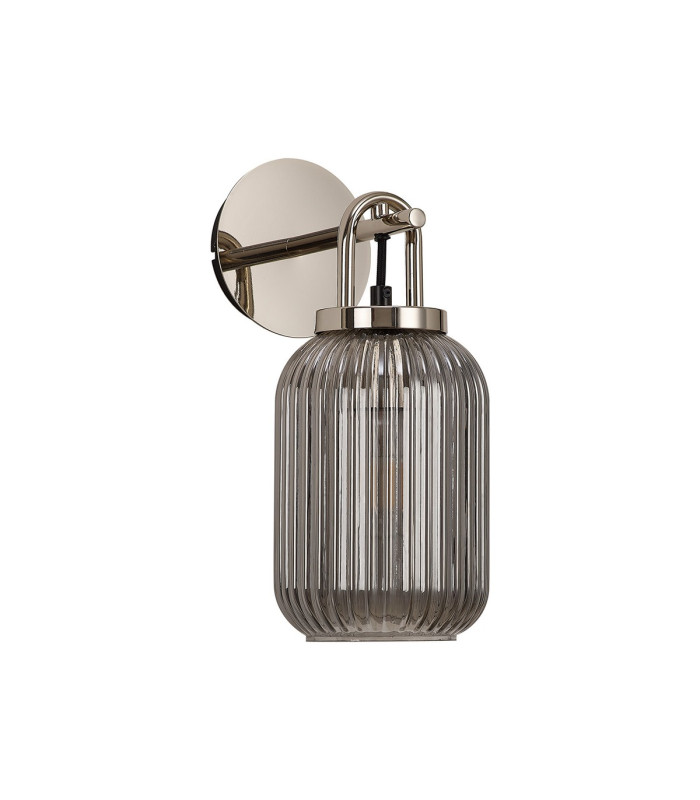 Yorktown Mini Wall Light Switched 1 x E27 Polished Nickel 14cm Tubular Ribbed Glass Smoked-4