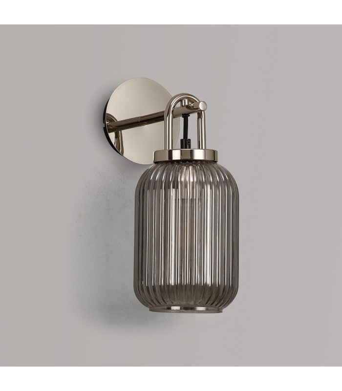 Yorktown Mini Wall Light Switched 1 x E27 Polished Nickel 14cm Tubular Ribbed Glass Smoked-7