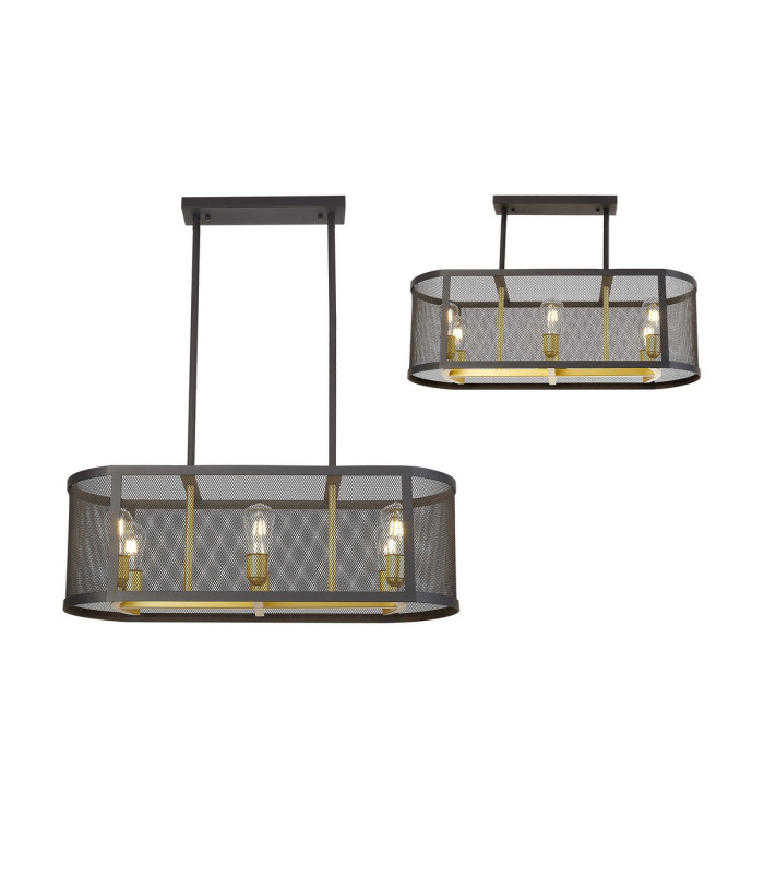 Buffalo Linear Pendant/Semi Flush 6 Light E27 Satin Black / Painted Gold-1