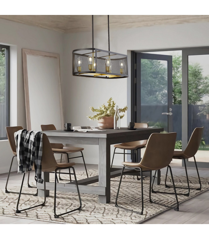 Buffalo Linear Pendant/Semi Flush 6 Light E27 Satin Black / Painted Gold-4