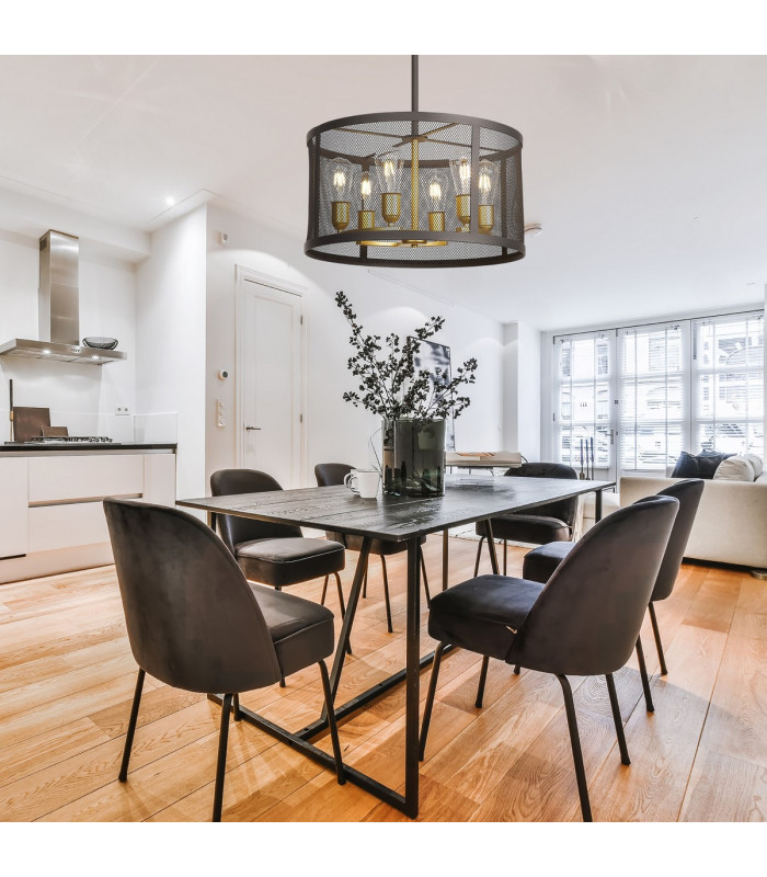 Buffalo 50cm Round Pendant/Semi Flush 6 Light E27 Satin Black / Painted Gold-4