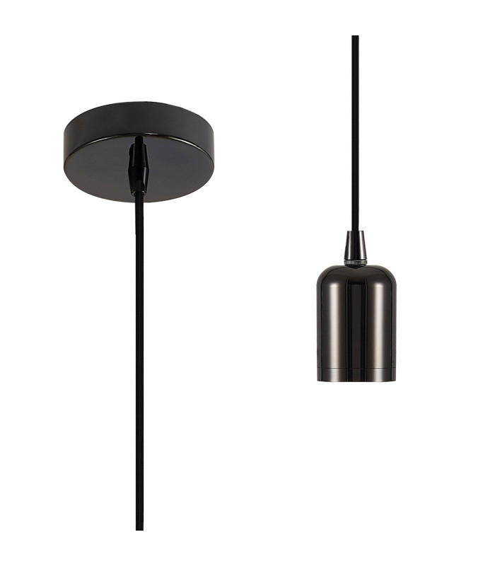 Argyle 10cm 2m 1 Light Pendant Black Chrome/Black Braided Cable E27 Max 60W c/w Ceiling Bracket & Deeper Shade Ring-1