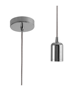 Argyle 10cm 2m 1 Light Pendant Chrome/Silver Braided Cable E27 Max 60W c/w Ceiling Bracket & Deeper Shade Ring-1