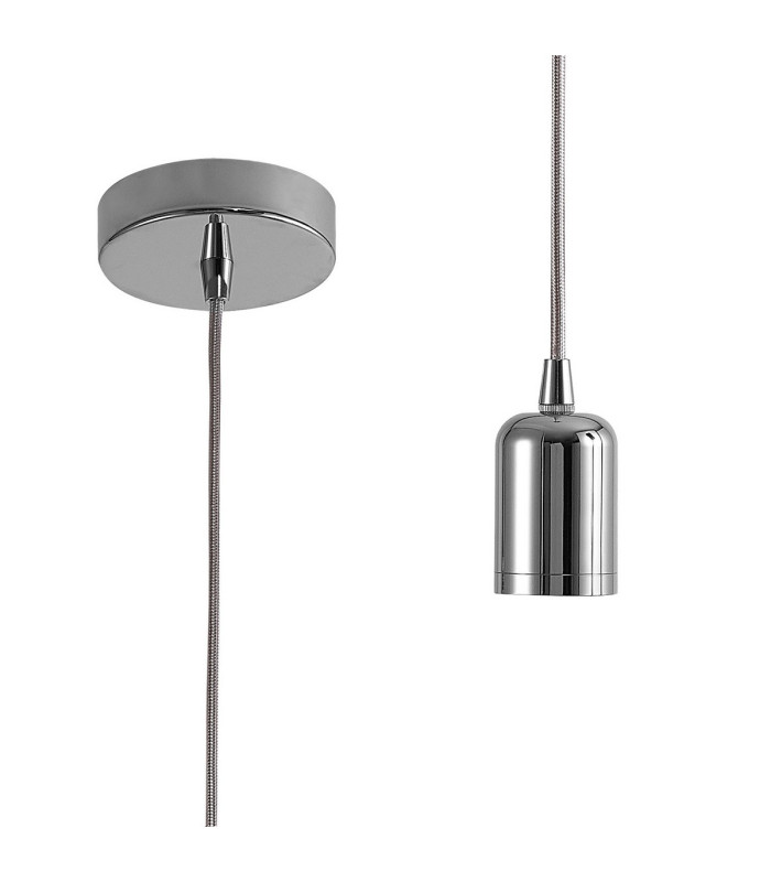 Argyle 10cm 2m 1 Light Pendant Chrome/Silver Braided Cable E27 Max 60W c/w Ceiling Bracket & Deeper Shade Ring-1
