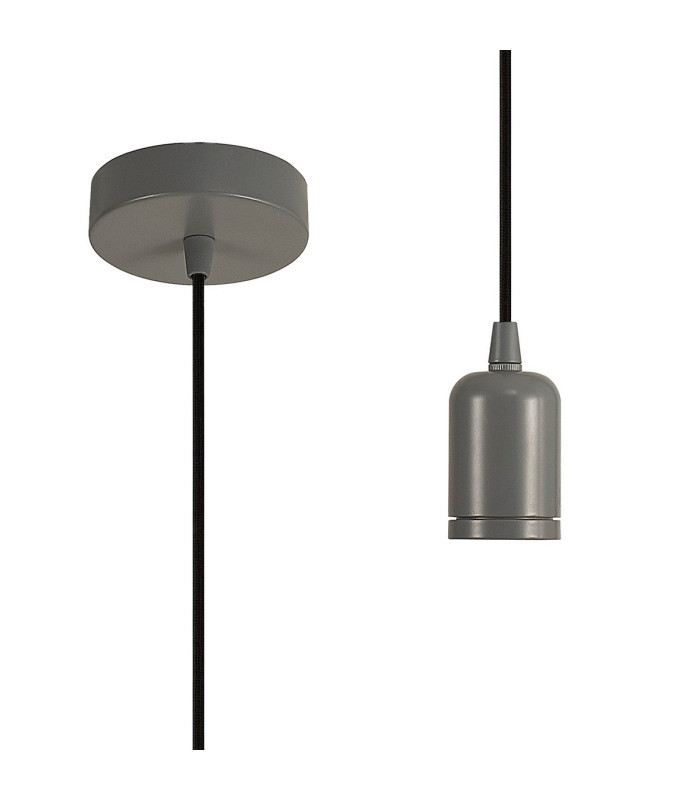 Argyle 10cm 1m 1 Light Pendant Warm Grey/Black Braided Cable E27 Max 60W c/w Ceiling Bracket & Deeper Shade Ring-1