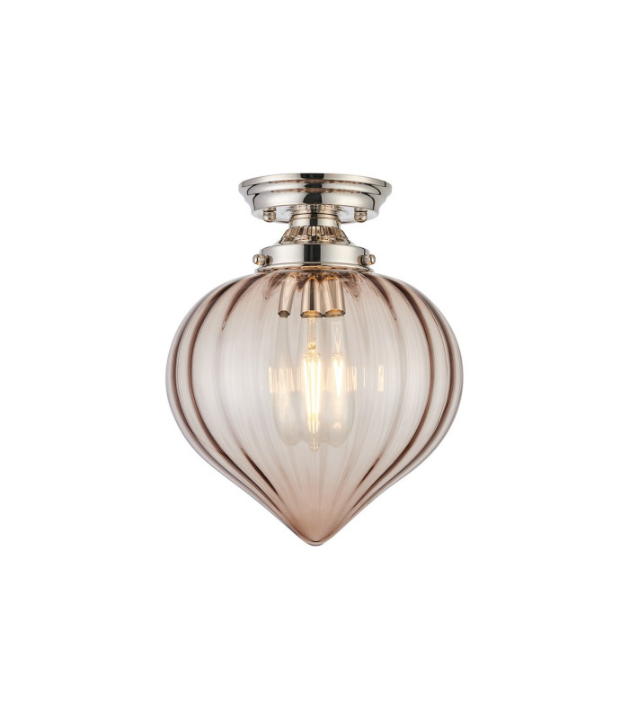 Afton 23cm Flush Ceiling LightFlower Bud Shade 1 x E27 Polished Nickel/Cognac-1