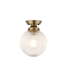 Afton Flush Ceiling Light20cm Acorn Ribbed Glass 1 x E27 Antique Brass/Clear-1