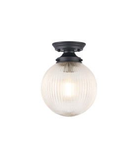 Afton Flush Ceiling Light20cm Acorn Ribbed Glass 1 x E27 Satin Black/Clear-1