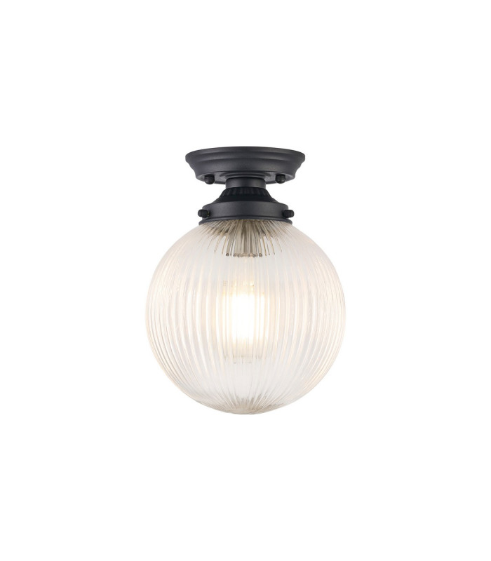 Afton Flush Ceiling Light20cm Acorn Ribbed Glass 1 x E27 Satin Black/Clear-1