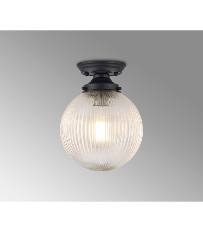 Afton Flush Ceiling Light20cm Acorn Ribbed Glass 1 x E27 Satin Black/Clear-3