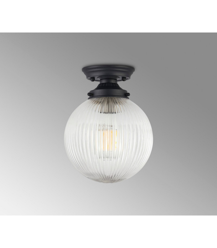Afton Flush Ceiling Light20cm Acorn Ribbed Glass 1 x E27 Satin Black/Clear-8