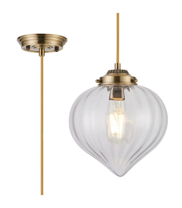 Afton 23cm Single Pendant Flower Bud Shade 1 x E27 Antique Brass/Golden Brown Braided Cable/Clear-1