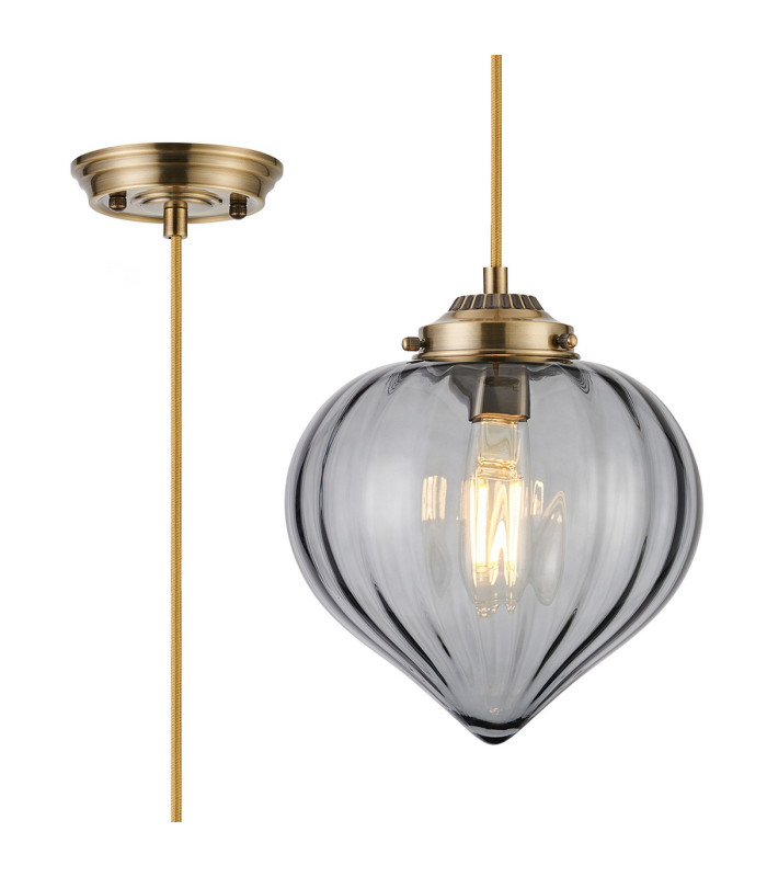 Afton 23cm Single Pendant Flower Bud Shade 1 x E27 Antique Brass/Golden Brown Braided Cable/Smoke-1
