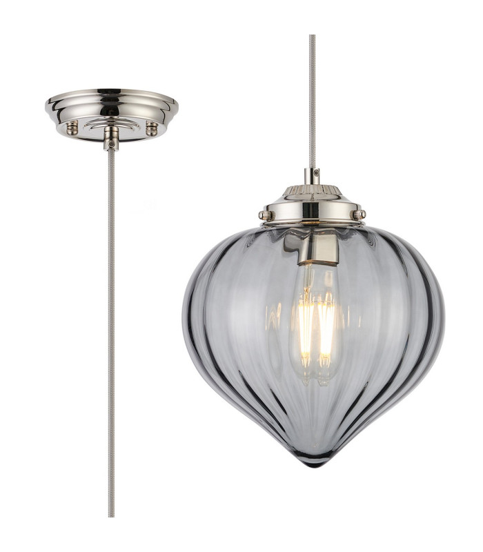 Afton 23cm Single Pendant Flower Bud Shade 1 x E27 Polished Nickel/Grey Braided Cable/Smoke-1