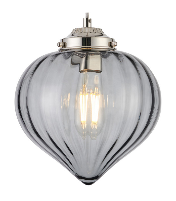 Afton 23cm Single Pendant Flower Bud Shade 1 x E27 Polished Nickel/Grey Braided Cable/Smoke-7