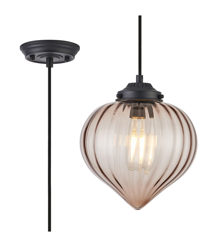 Afton 23cm Single Pendant Flower Bud Shade 1 x E27 Satin Black/Black Braided Cable/Cognac-1