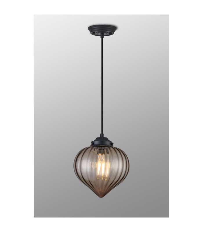 Afton 23cm Single Pendant Flower Bud Shade 1 x E27 Satin Black/Black Braided Cable/Cognac-3