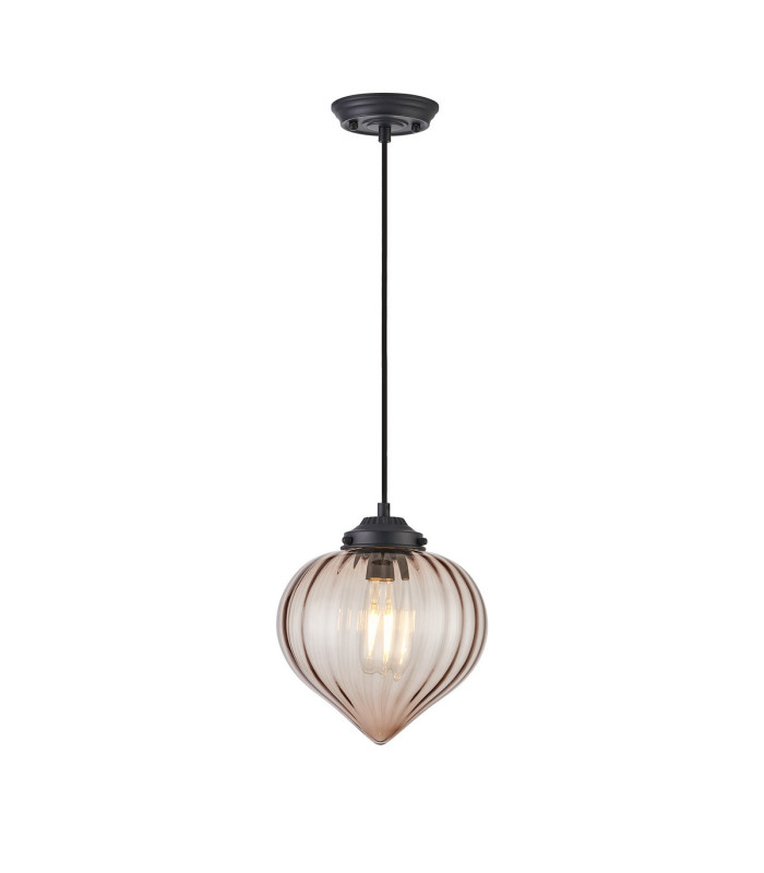Afton 23cm Single Pendant Flower Bud Shade 1 x E27 Satin Black/Black Braided Cable/Cognac-4