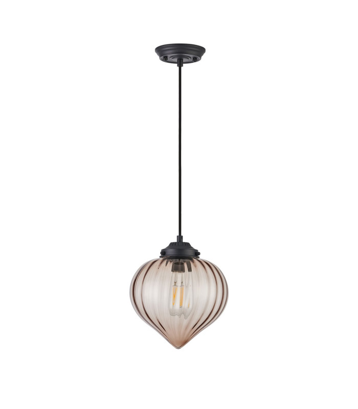 Afton 23cm Single Pendant Flower Bud Shade 1 x E27 Satin Black/Black Braided Cable/Cognac-5