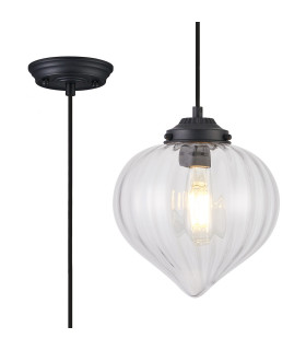 Afton 23cm Single Pendant Flower Bud Shade 1 x E27 Satin Black/Black Braided Cable/Clear-1