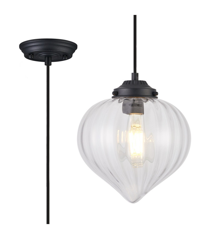 Afton 23cm Single Pendant Flower Bud Shade 1 x E27 Satin Black/Black Braided Cable/Clear-1