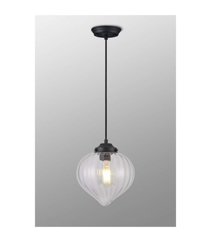 Afton 23cm Single Pendant Flower Bud Shade 1 x E27 Satin Black/Black Braided Cable/Clear-3