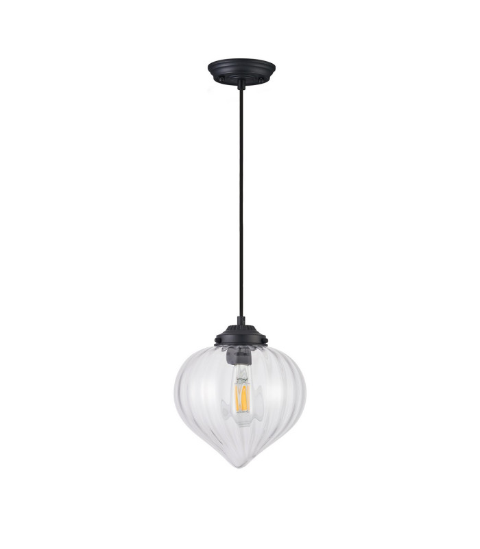 Afton 23cm Single Pendant Flower Bud Shade 1 x E27 Satin Black/Black Braided Cable/Clear-5