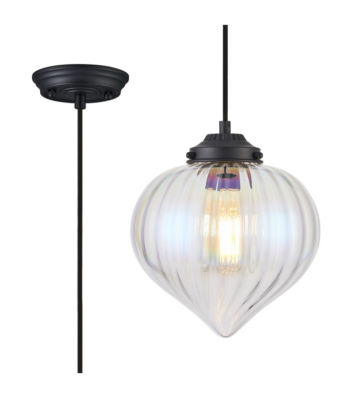 Afton 23cm Single Pendant Flower Bud Shade 1 x E27 Satin Black/Black Braided Cable/Iridescent Faded-1