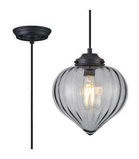 Afton 23cm Single Pendant Flower Bud Shade 1 x E27 Satin Black/Black Braided Cable/Smoke-1