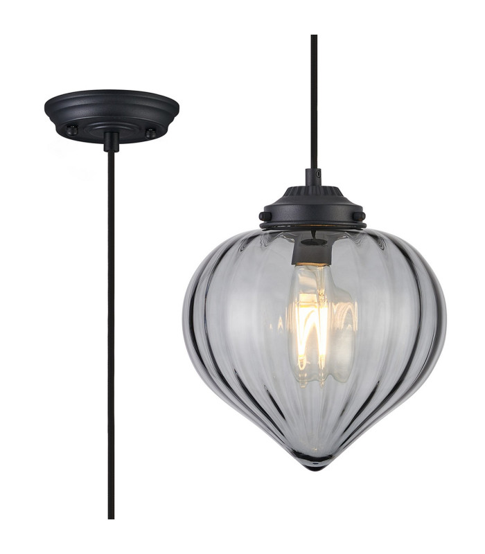 Afton 23cm Single Pendant Flower Bud Shade 1 x E27 Satin Black/Black Braided Cable/Smoke-1