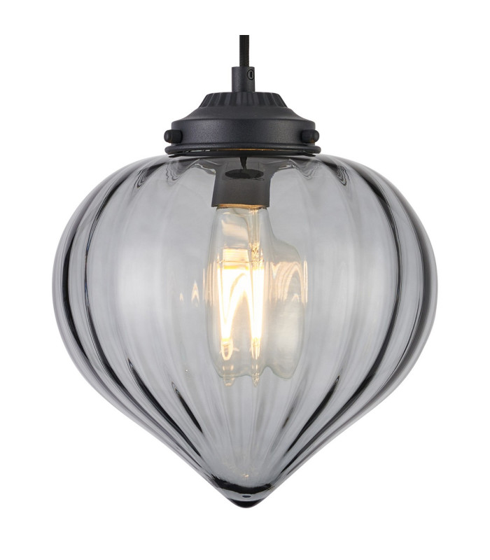 Afton 23cm Single Pendant Flower Bud Shade 1 x E27 Satin Black/Black Braided Cable/Smoke-8