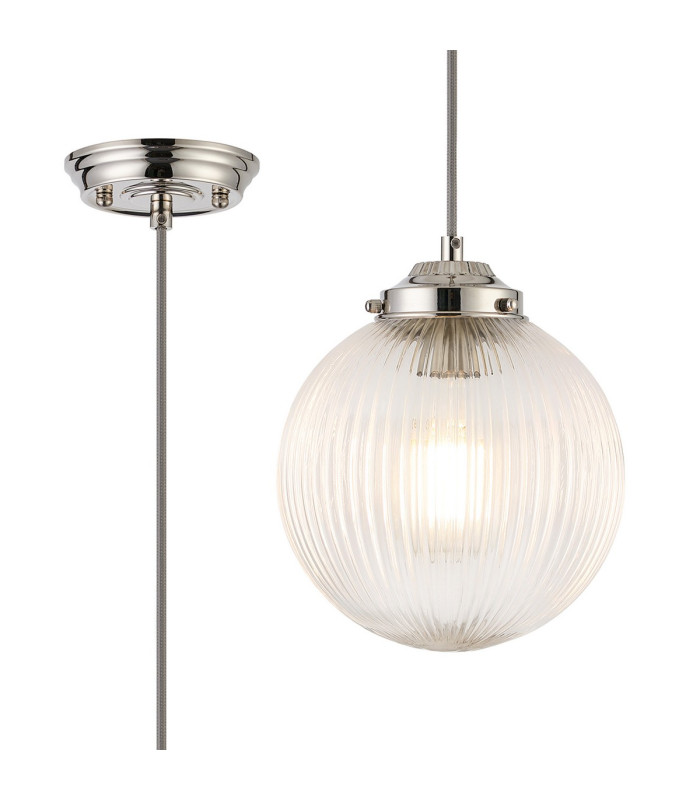 Afton Single Pendant 20cm Acorn Ribbed Glass 1 x E27 Polished Nickel/Grey Twisted Braided Cable/Clear-1