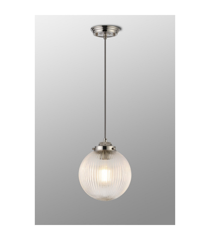 Afton Single Pendant 20cm Acorn Ribbed Glass 1 x E27 Polished Nickel/Grey Twisted Braided Cable/Clear-3