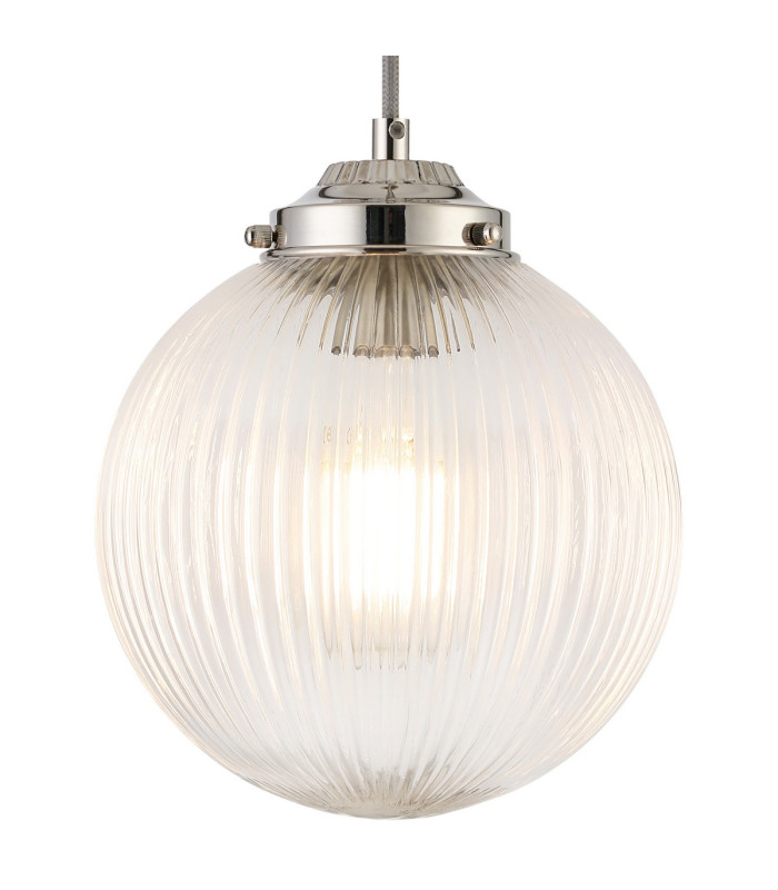 Afton Single Pendant 20cm Acorn Ribbed Glass 1 x E27 Polished Nickel/Grey Twisted Braided Cable/Clear-7