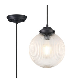 Afton Single Pendant 20cm Acorn Ribbed Glass 1 x E27 Satin Black/Black Twisted Braided Cable/Clear-1