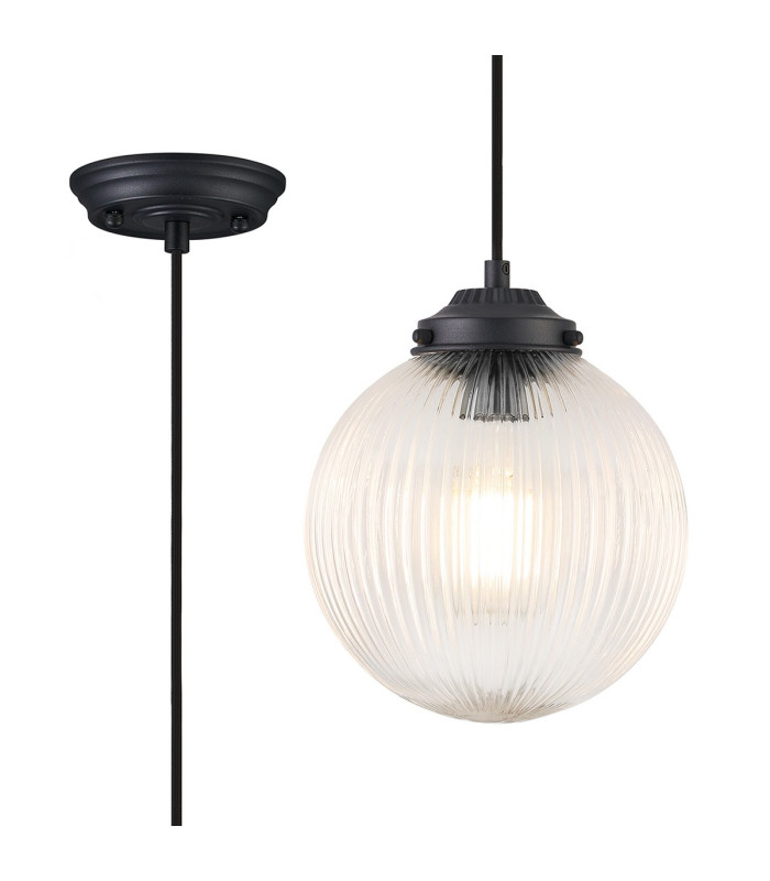 Afton Single Pendant 20cm Acorn Ribbed Glass 1 x E27 Satin Black/Black Twisted Braided Cable/Clear-1