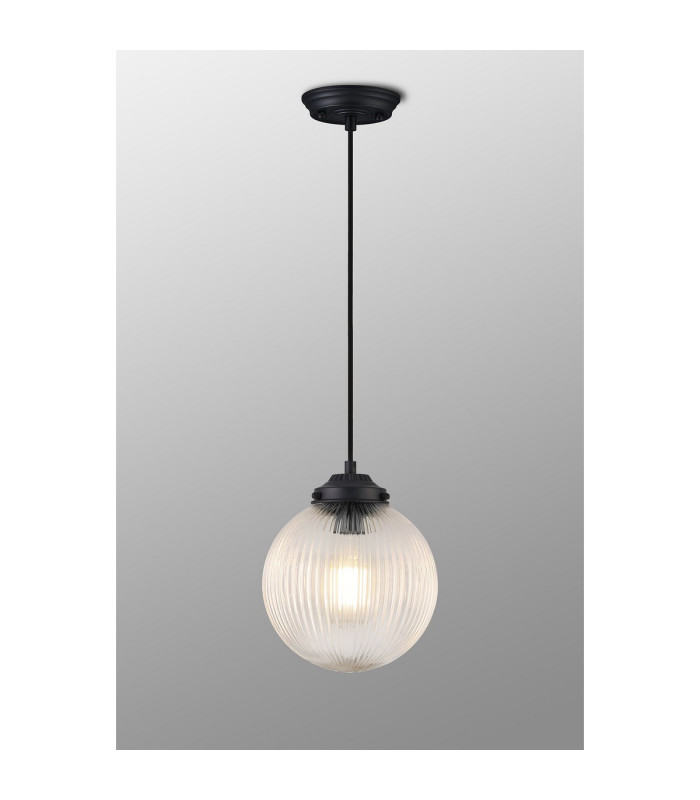 Afton Single Pendant 20cm Acorn Ribbed Glass 1 x E27 Satin Black/Black Twisted Braided Cable/Clear-3