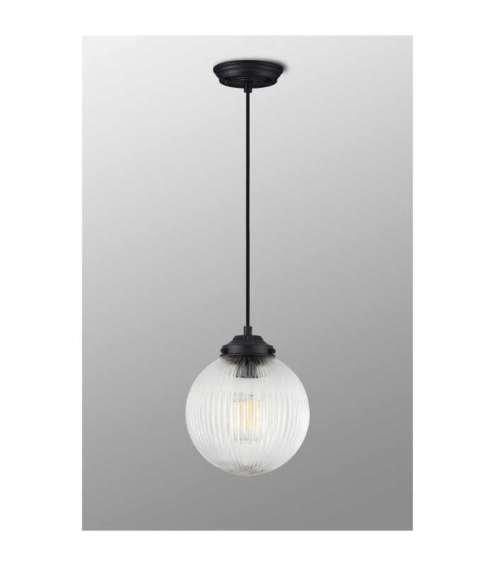 Afton Single Pendant 20cm Acorn Ribbed Glass 1 x E27 Satin Black/Black Twisted Braided Cable/Clear-8