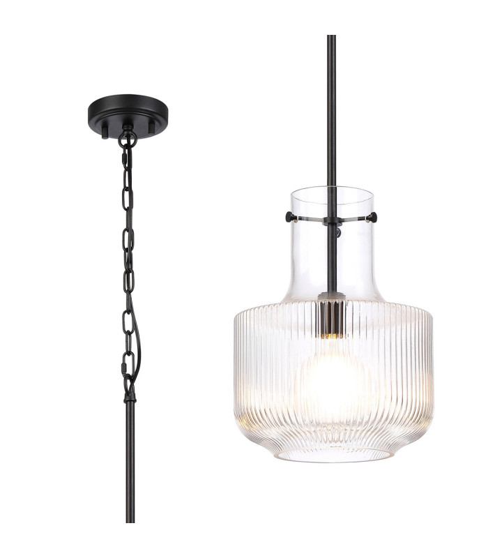 Lockport Fluted Ribbed Glass Pendant 1 x E27 Satin Black/Clear Glass-1