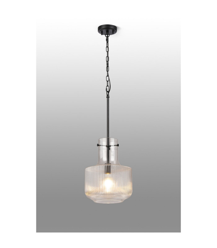 Lockport Fluted Ribbed Glass Pendant 1 x E27 Satin Black/Clear Glass-3