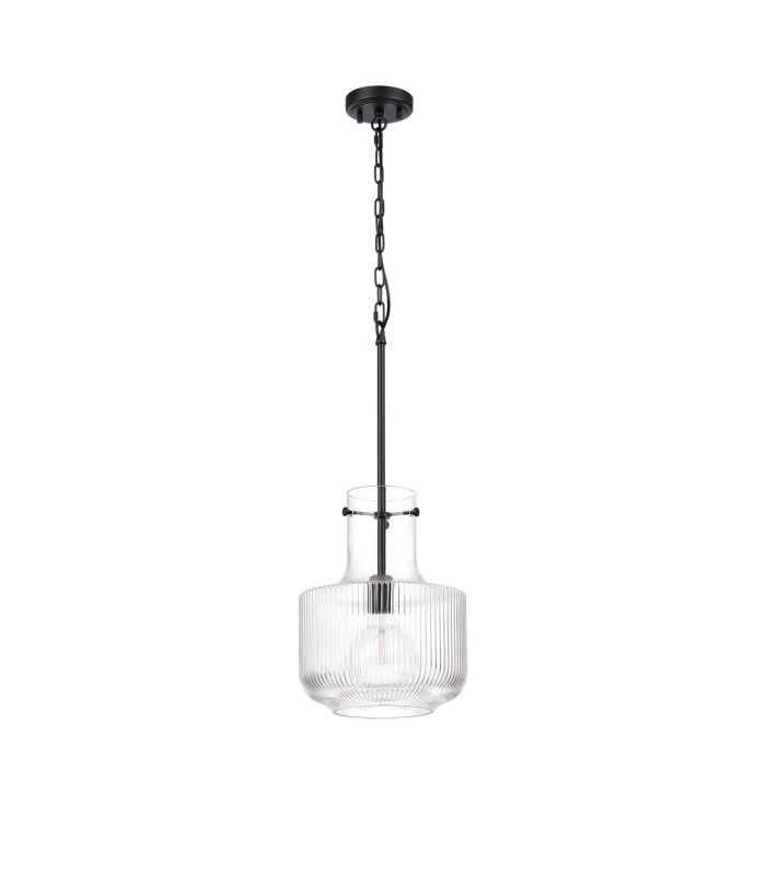 Lockport Fluted Ribbed Glass Pendant 1 x E27 Satin Black/Clear Glass-5