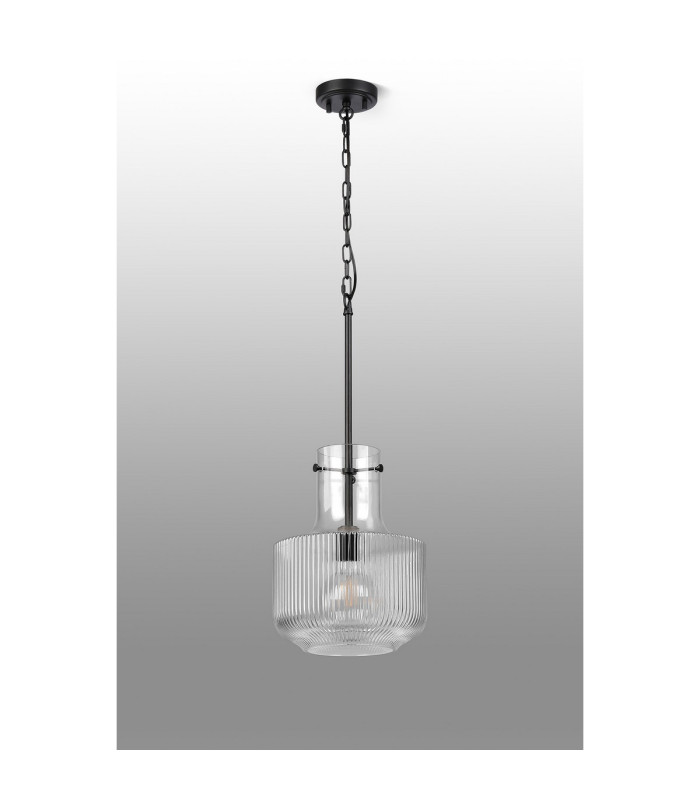 Lockport Fluted Ribbed Glass Pendant 1 x E27 Satin Black/Clear Glass-9