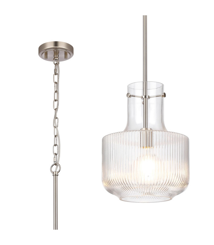 Lockport Fluted Ribbed Glass Pendant 1 x E27 Satin Nickel/Clear Glass-1