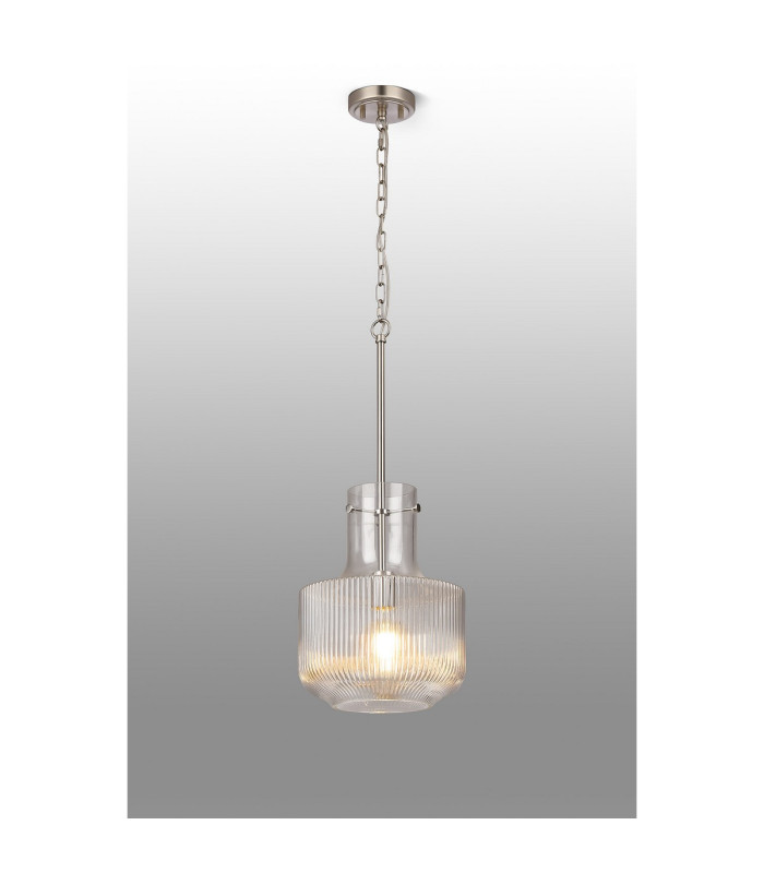 Lockport Fluted Ribbed Glass Pendant 1 x E27 Satin Nickel/Clear Glass-3
