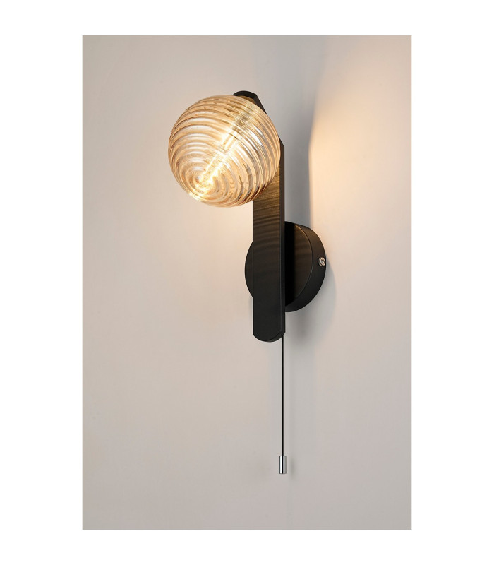 Cortland Pull Switch Wall Light 1 Light G9 IP44 Black/Polished Chrome/Amber Ribbed Round Glass-3