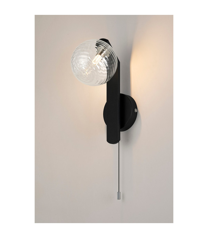 Cortland Pull Switch Wall Light 1 Light G9 IP44 Black/Polished Chrome/Clear Ribbed Round Glass-3