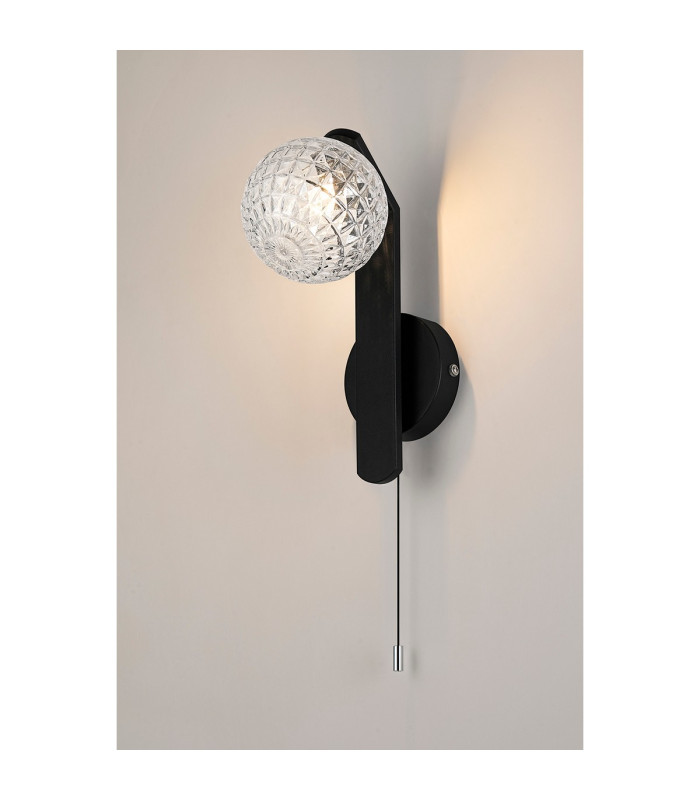 Cortland Pull Switch Wall Light 1 Light G9 IP44 Black/Polished Chrome/Clear Cross Pattern Round Glass-3