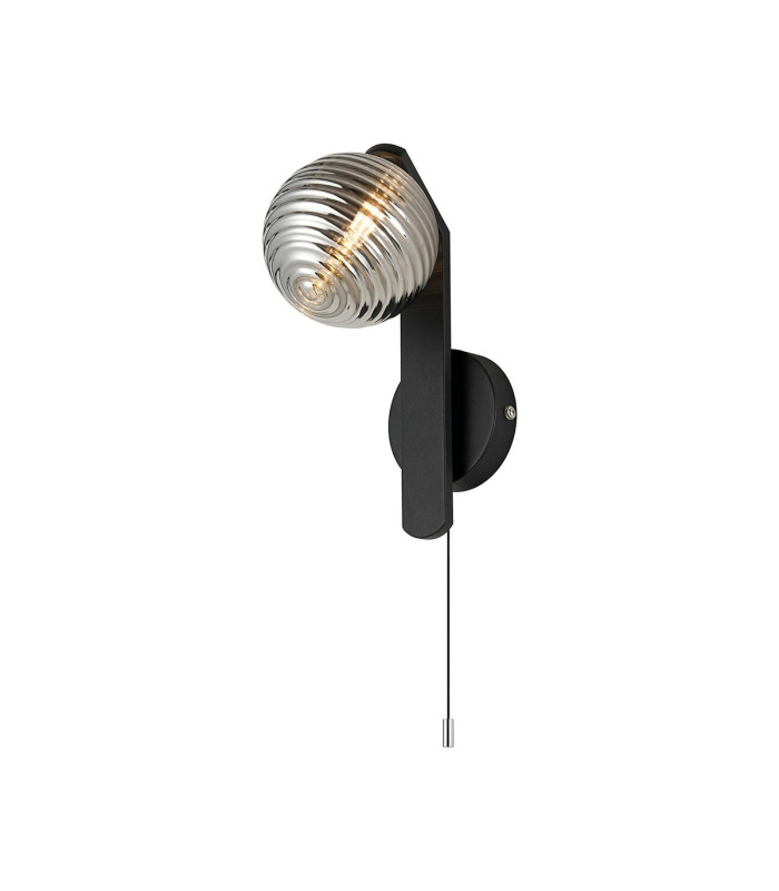 Cortland Pull Switch Wall Light 1 Light G9 IP44 Black/Polished Chrome/Smoke Ribbed Round Glass-1