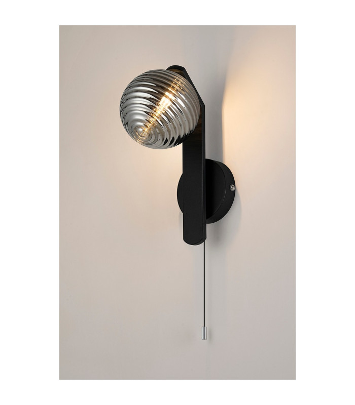 Cortland Pull Switch Wall Light 1 Light G9 IP44 Black/Polished Chrome/Smoke Ribbed Round Glass-3